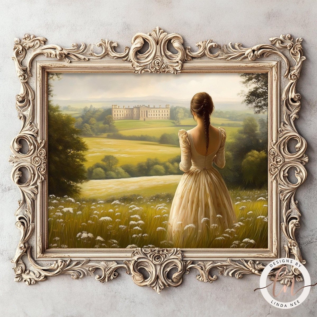 A woman in a white dress stands in a field of flowers, gazing out at a large, ornate building in the distance.