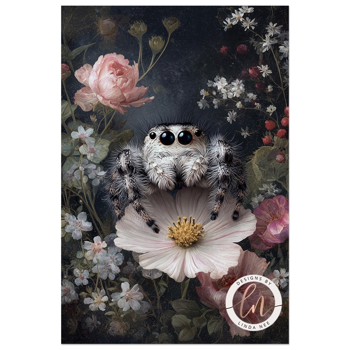 A close-up of a spider with large eyes and hairy legs, surrounded by a variety of colorful flowers and foliage against a dark background.