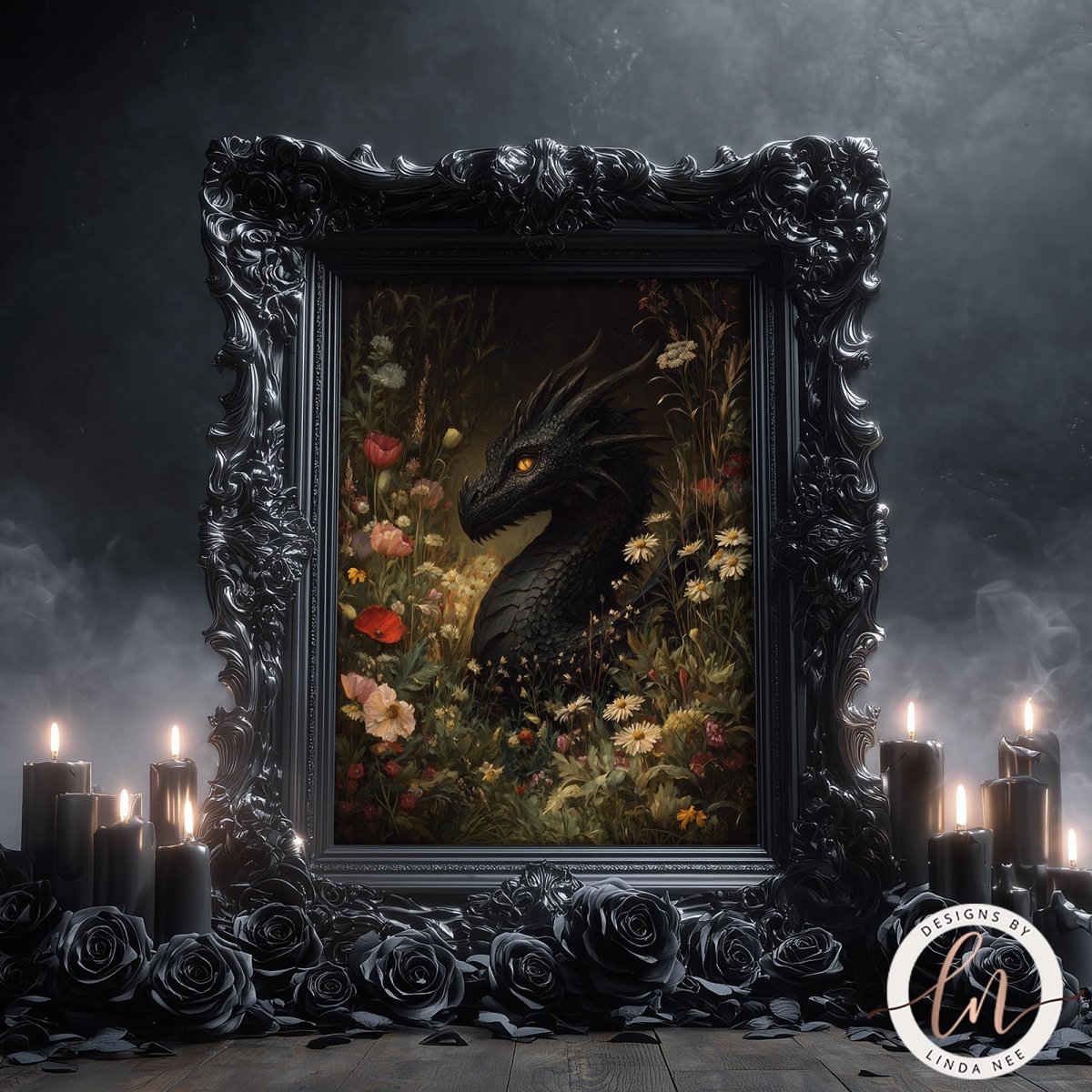 a large, ornate black frame with a painting of a black dragon surrounded by flowers and candles.