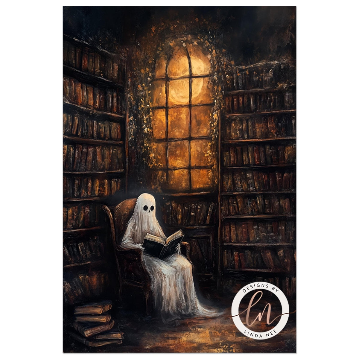 A ghost is sitting in a chair in a library, reading a book, with a large window and bookshelves in the background.