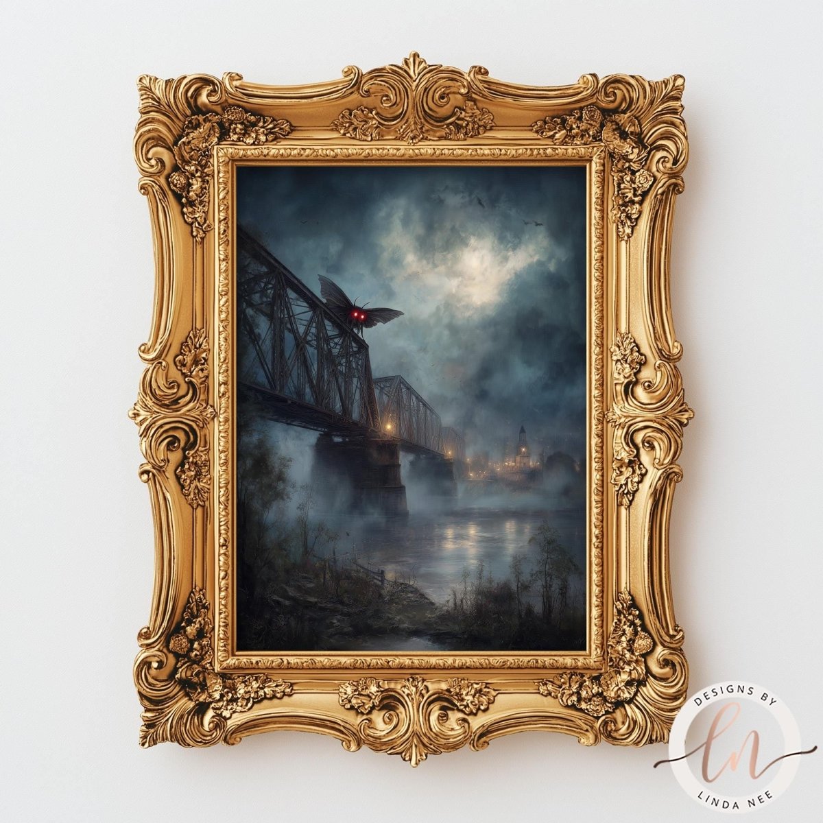 The image is a painting of a bridge with a large, eerie-looking creature flying over it, set against a dark, misty background.