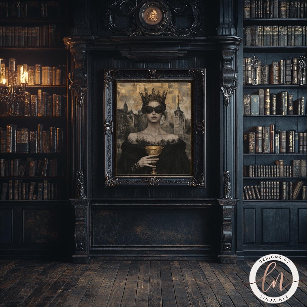a dark, ornate room with a large, framed painting of a woman wearing a crown and holding a golden object. The room is filled with bookshelves, creating a sense of a library or study.