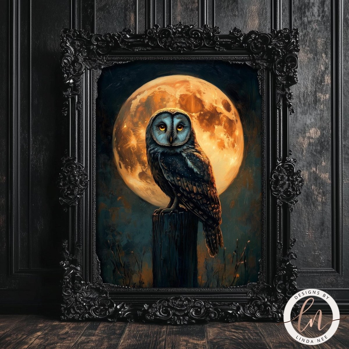 Orange moon owl artwork shown against a dark background