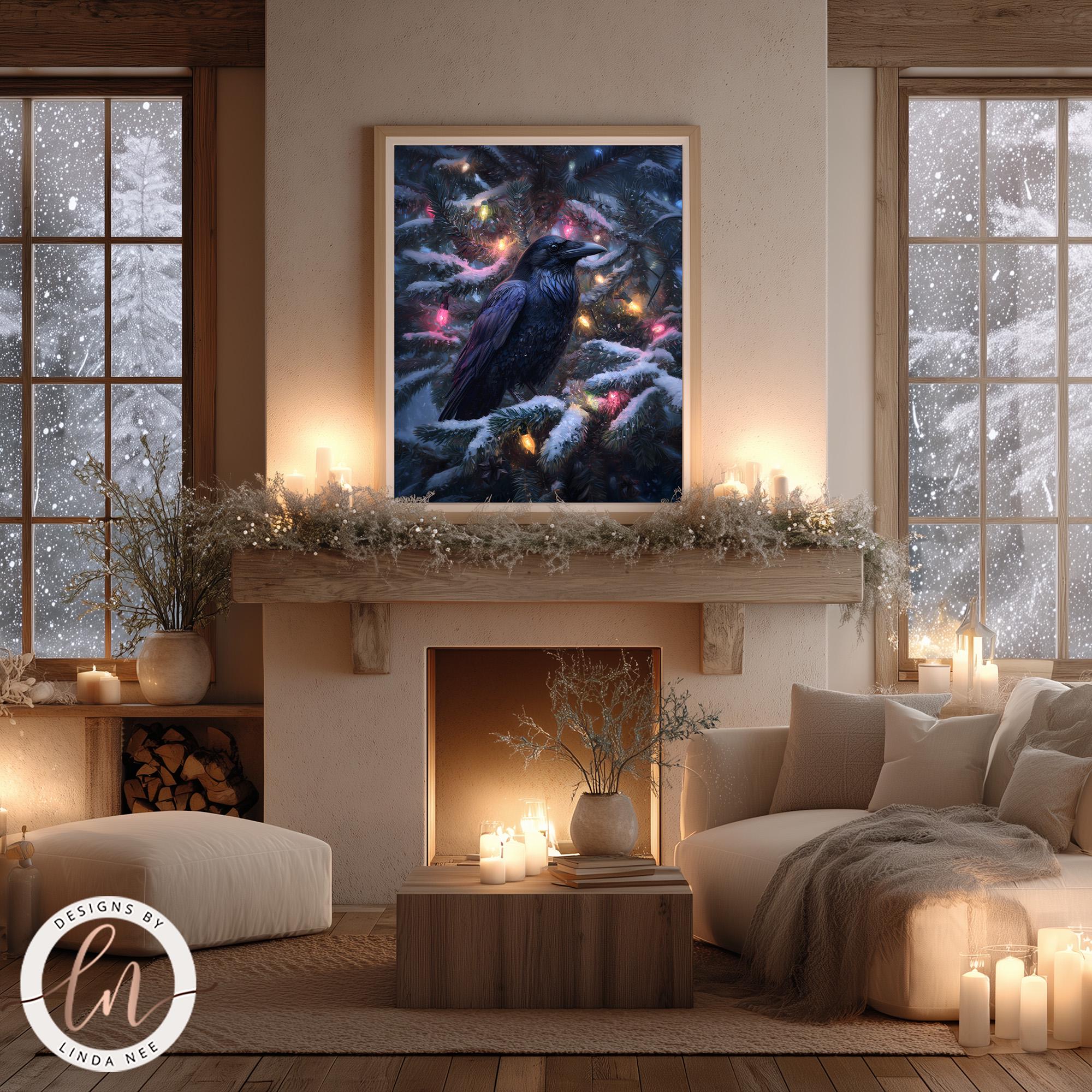 a cozy living room with a fireplace, a large framed picture of a bird, and a Christmas tree decorated with lights. The room is illuminated by candles and has a warm, inviting atmosphere.