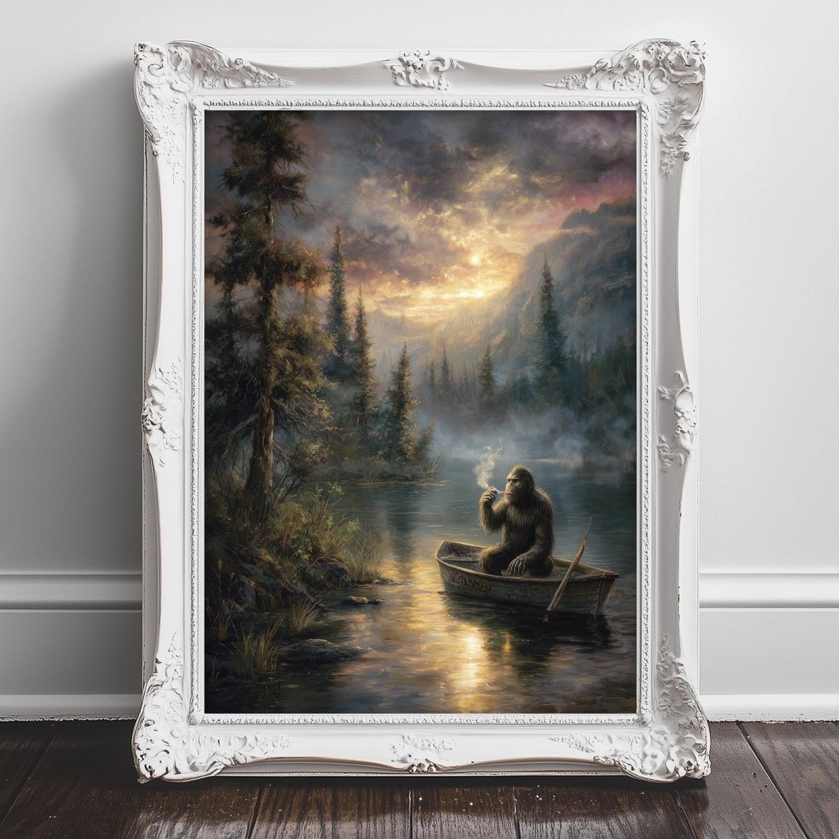 A painting of Bigfoot sitting in a boat on a river, surrounded by a forest landscape with a dramatic sky in the background.