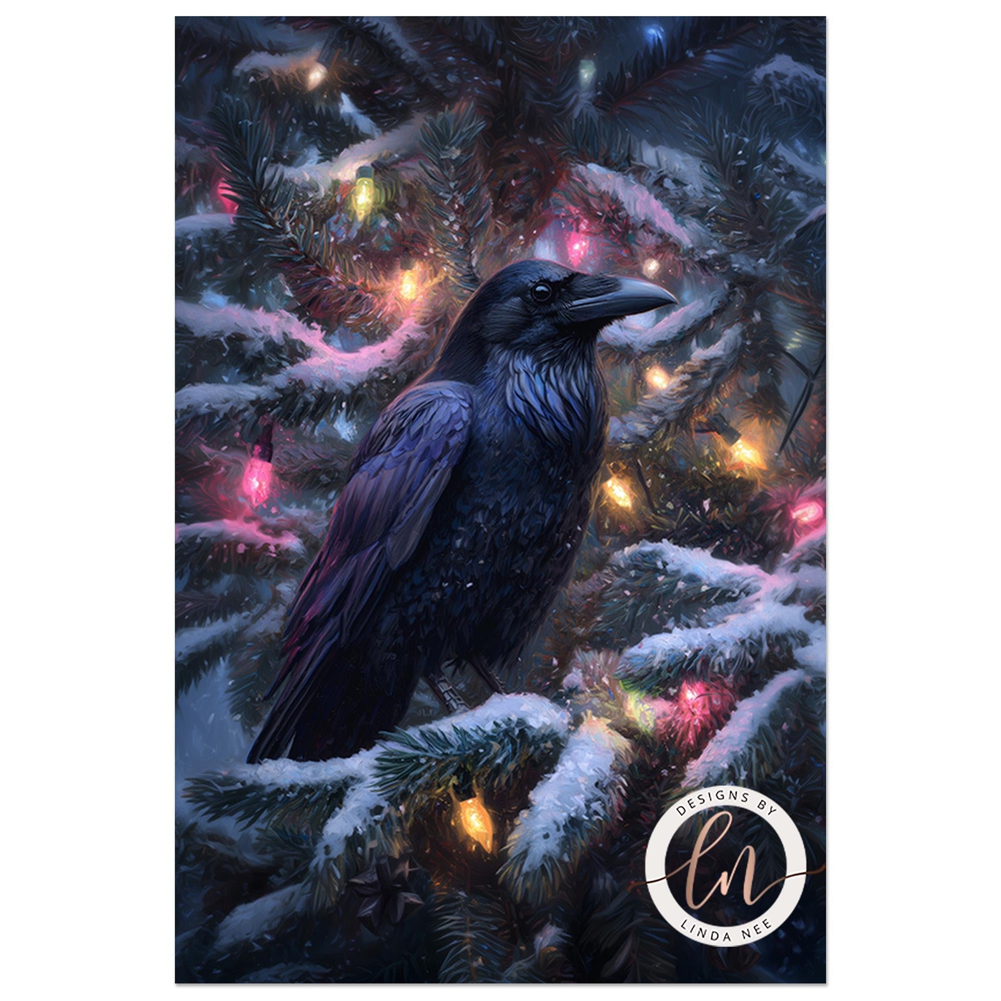 A black crow perched on a snow-covered pine tree, surrounded by colorful Christmas lights.