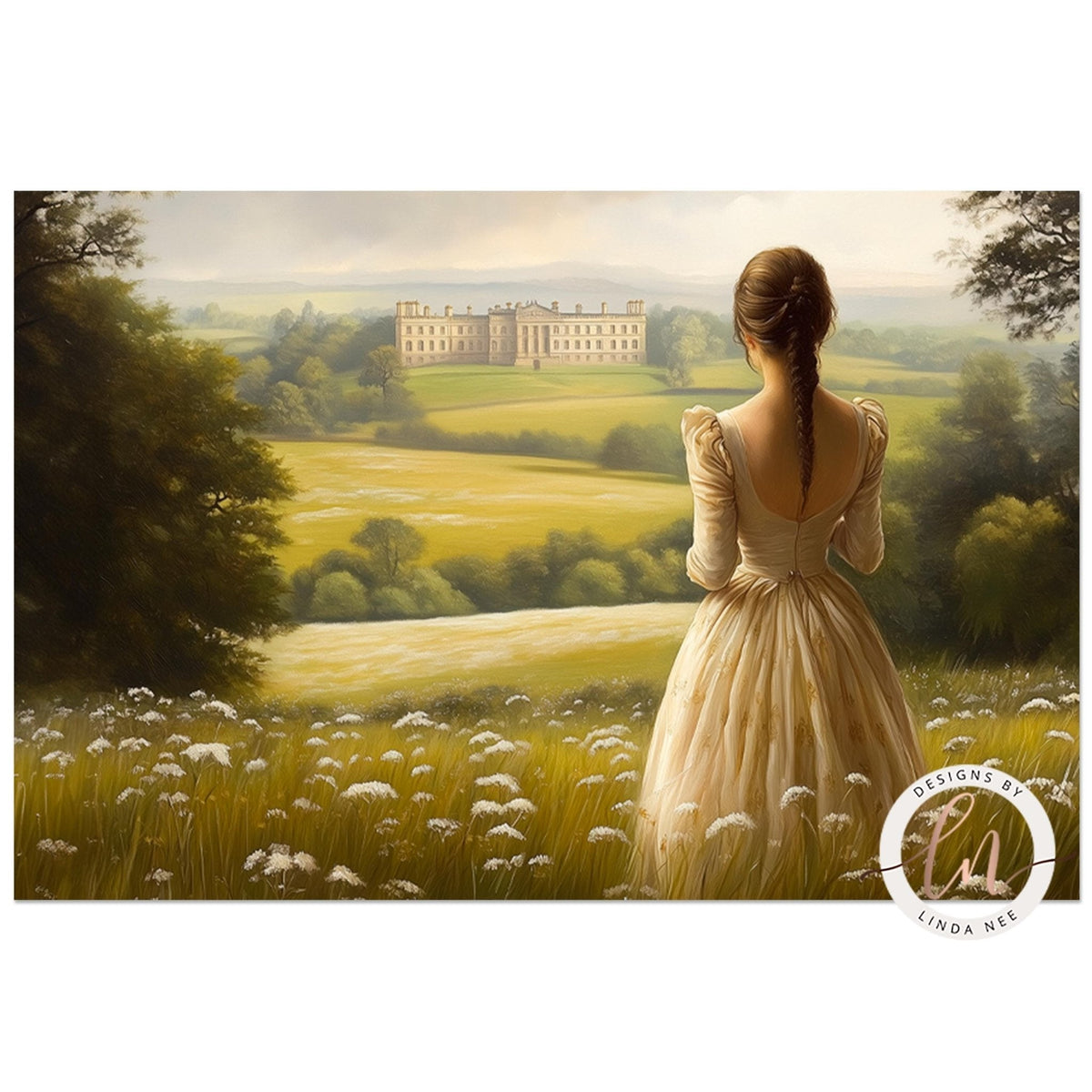 A woman in a white dress stands in a field of flowers, gazing out at a large building in the distance.