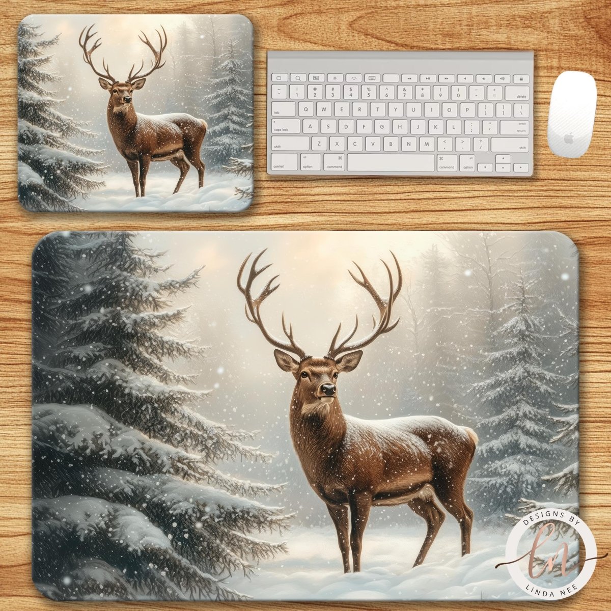 Deer resting in a snowy forest illustrated in warm rustic holiday style on a mouse pad and desk mat