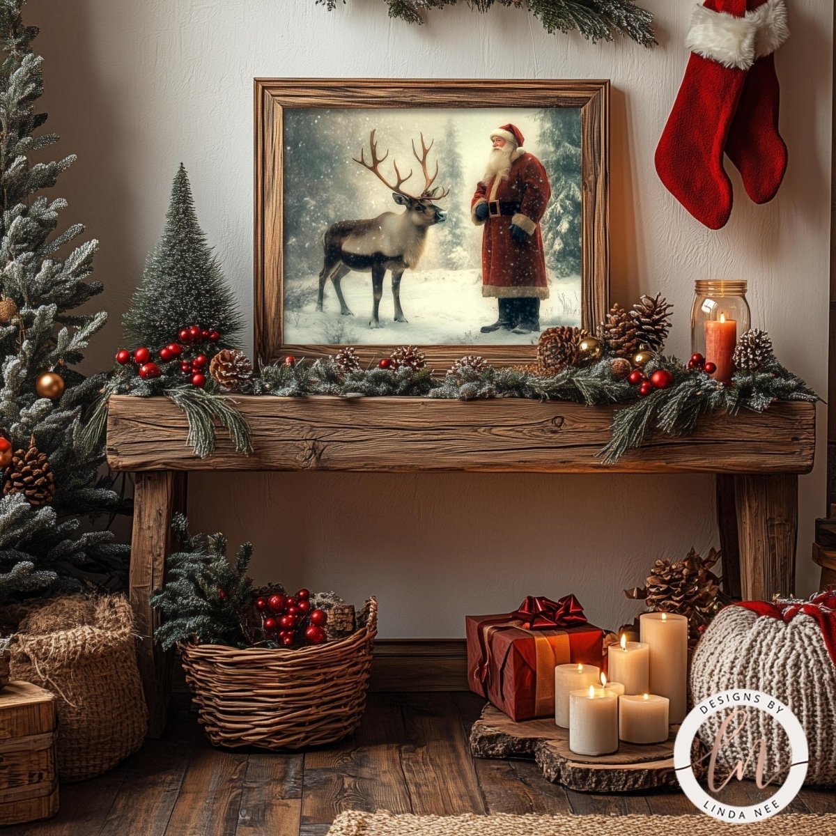 Santa and reindeer wall art displayed with pine branches, berries and candles