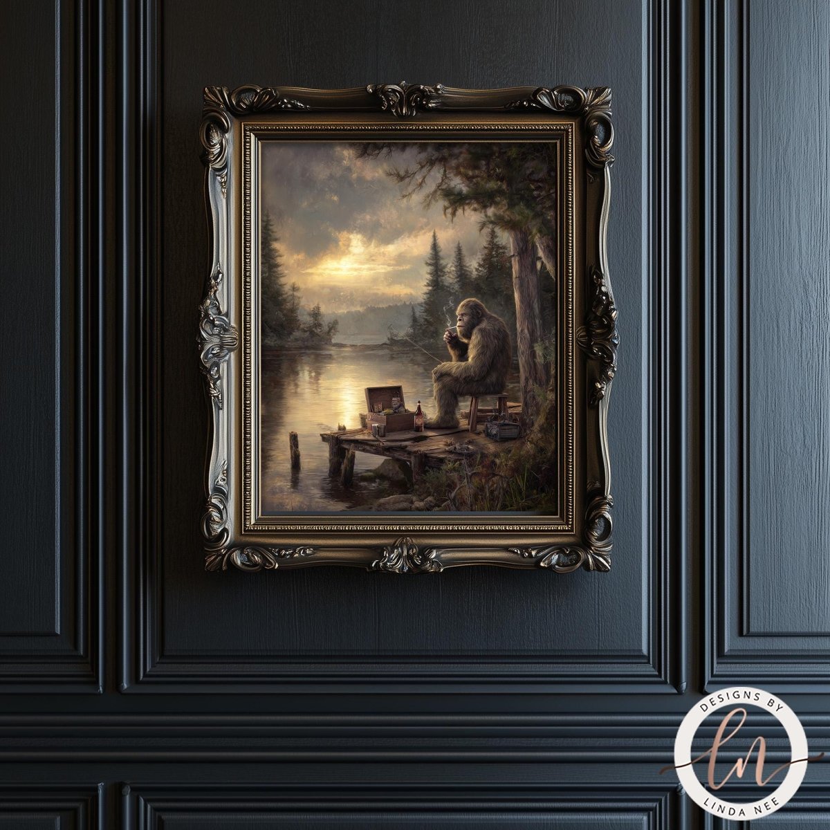 The image is a framed painting depicting a person sitting on a bench by a river, with a serene landscape in the background.