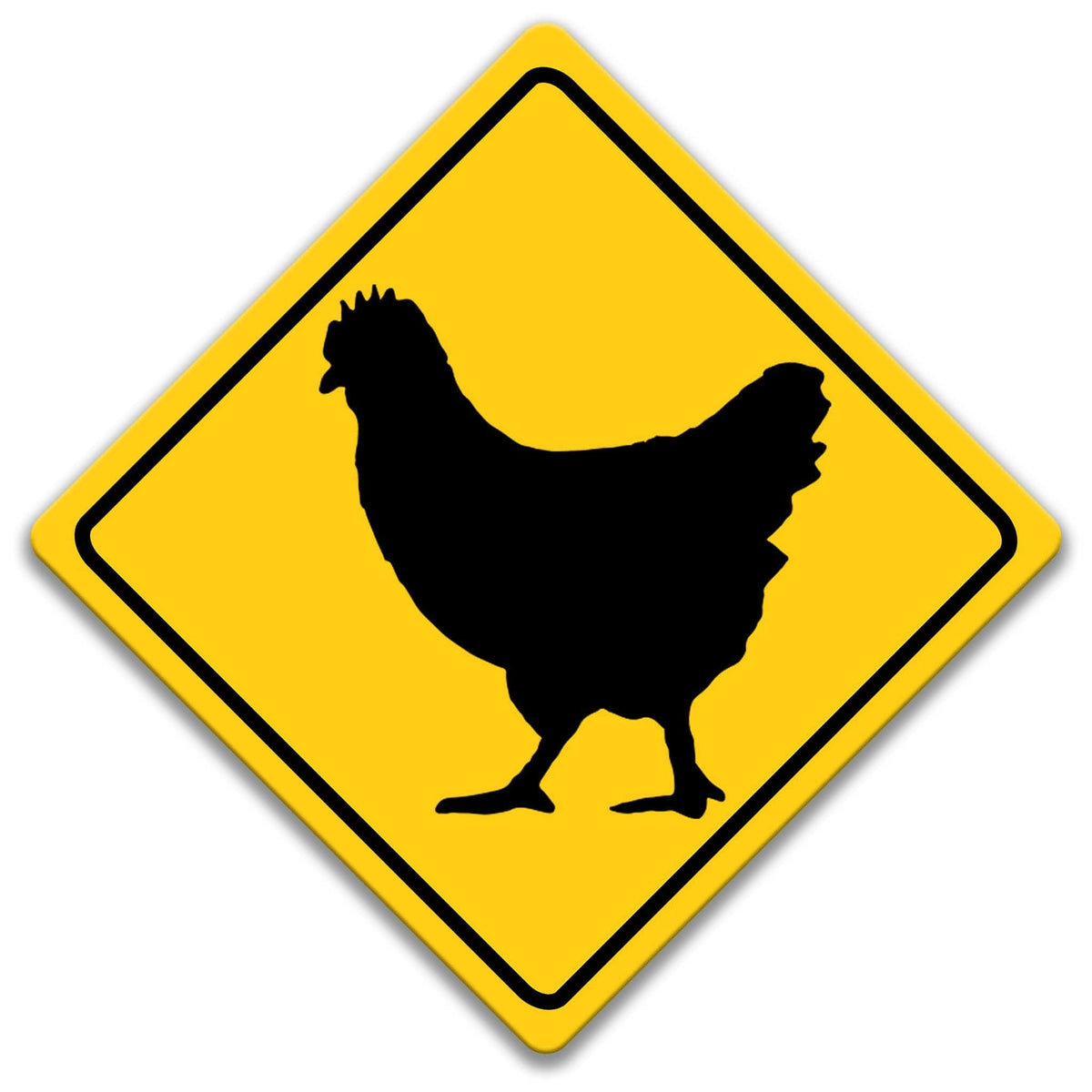A yellow diamond-shaped road sign with a black silhouette of a chicken.