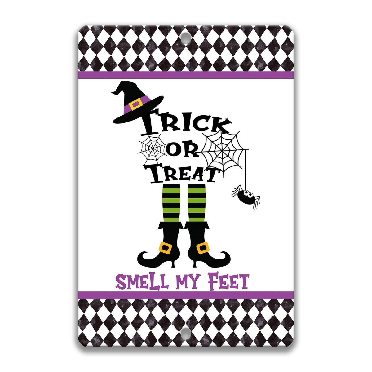 a Halloween-themed sign with a witch's hat, spider web, and a spider on a web. The sign has the text "Trick or Treat" and "Smell my Feet" written on it.