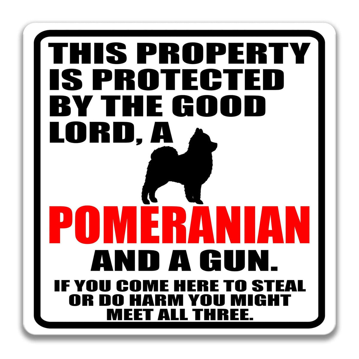 a sign with a humorous message about a pomeranian dog and a gun, warning that the property is protected by the good Lord and that if someone comes to steal or harm, they might encounter all three.