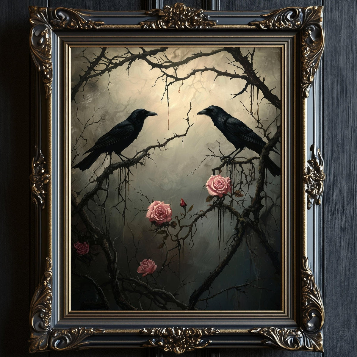 Two black ravens perched on a branch heavy with pink roses