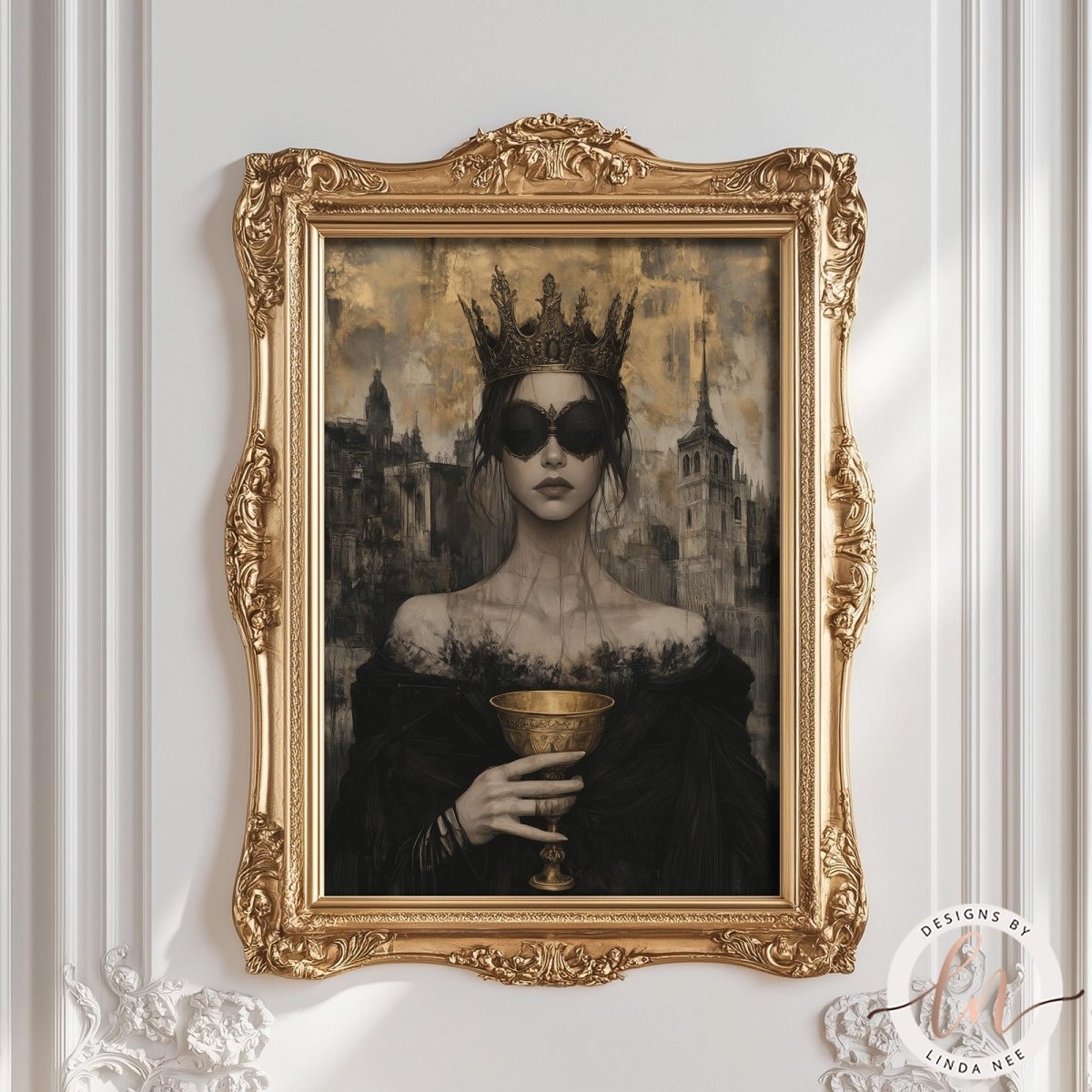 The image is a framed artwork depicting a woman wearing a crown and holding a golden chalice, set against a dark, ornate background.
