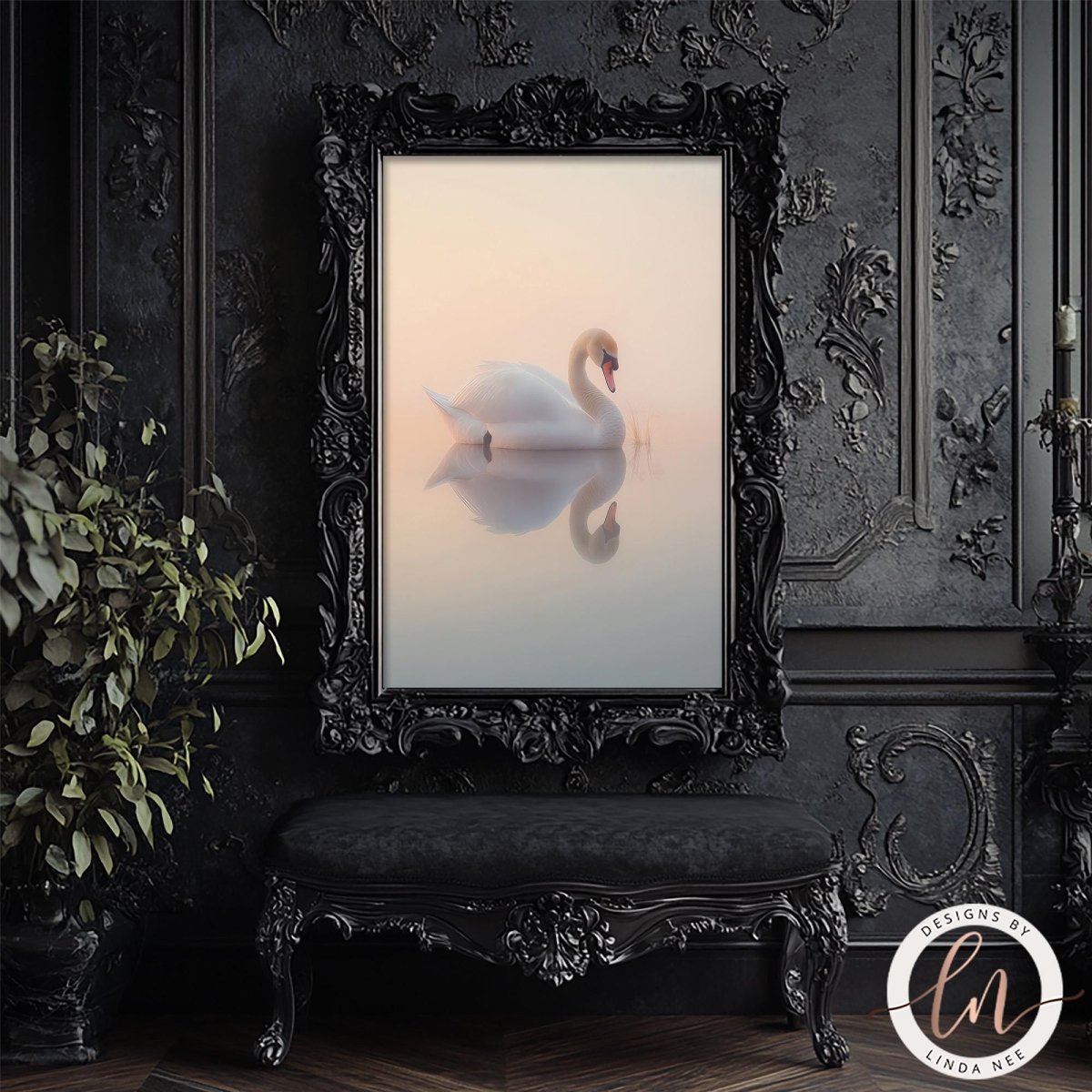 a large, ornate black frame with a painting of a swan inside it, set against a dark background with a floral pattern.