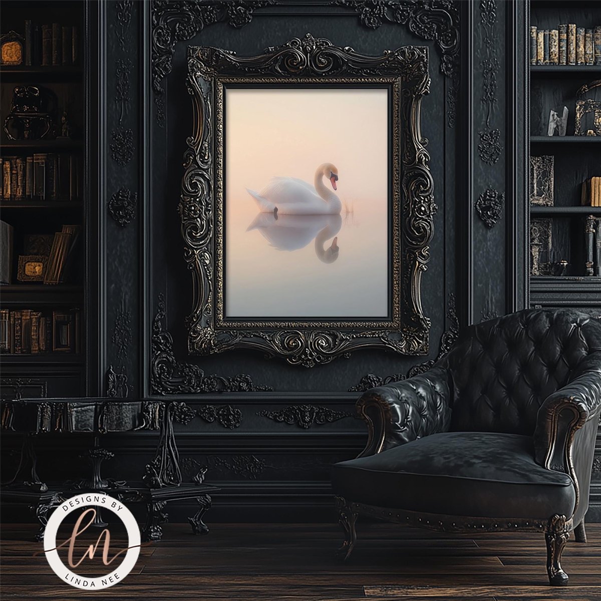 a large, ornate, and gilded frame with a painting of a swan in a serene body of water, hanging on a dark wall. In the foreground, there is a black leather armchair, and a bookshelf filled with books can be seen in the background.