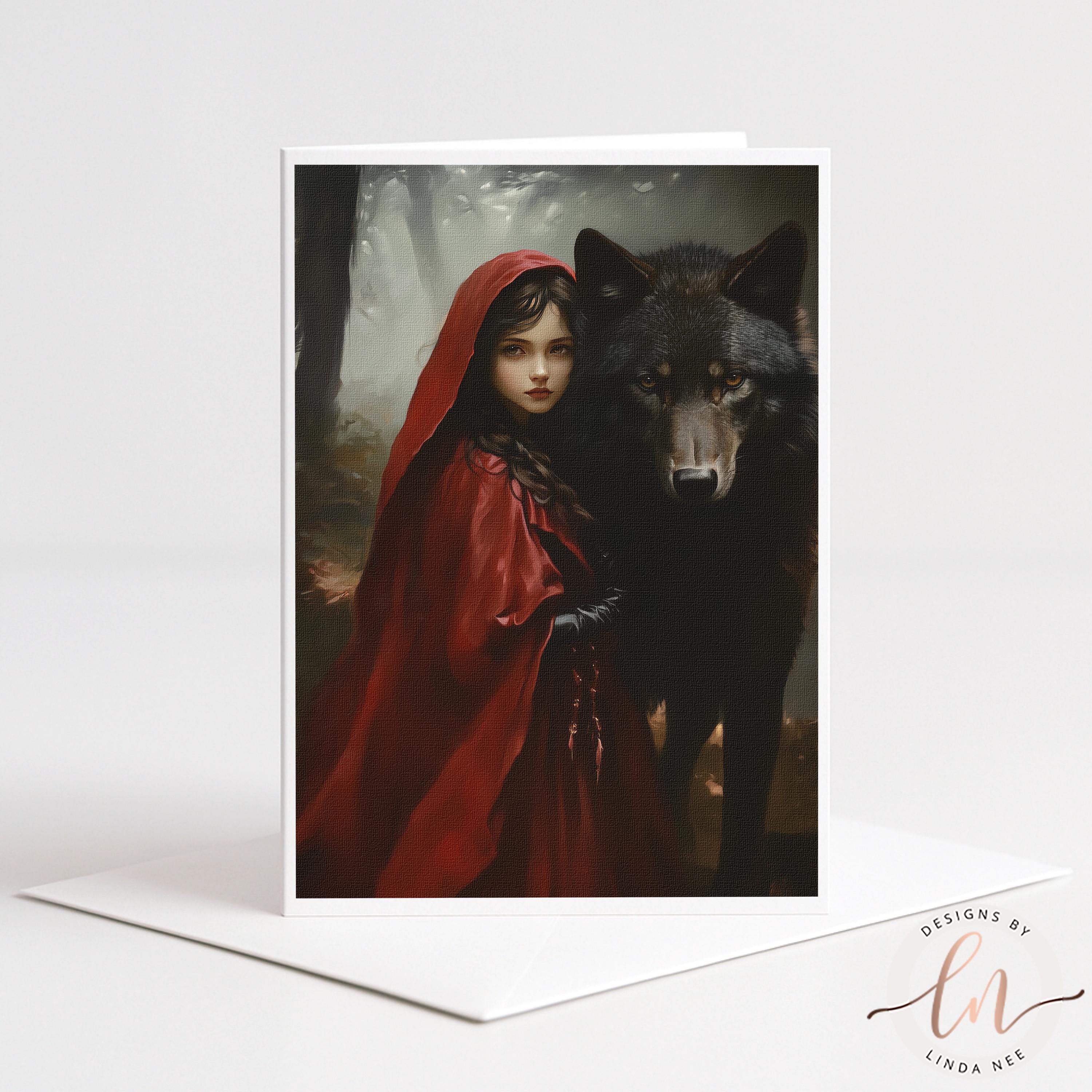 A young girl in a red cape stands next to a wolf in a forest setting.