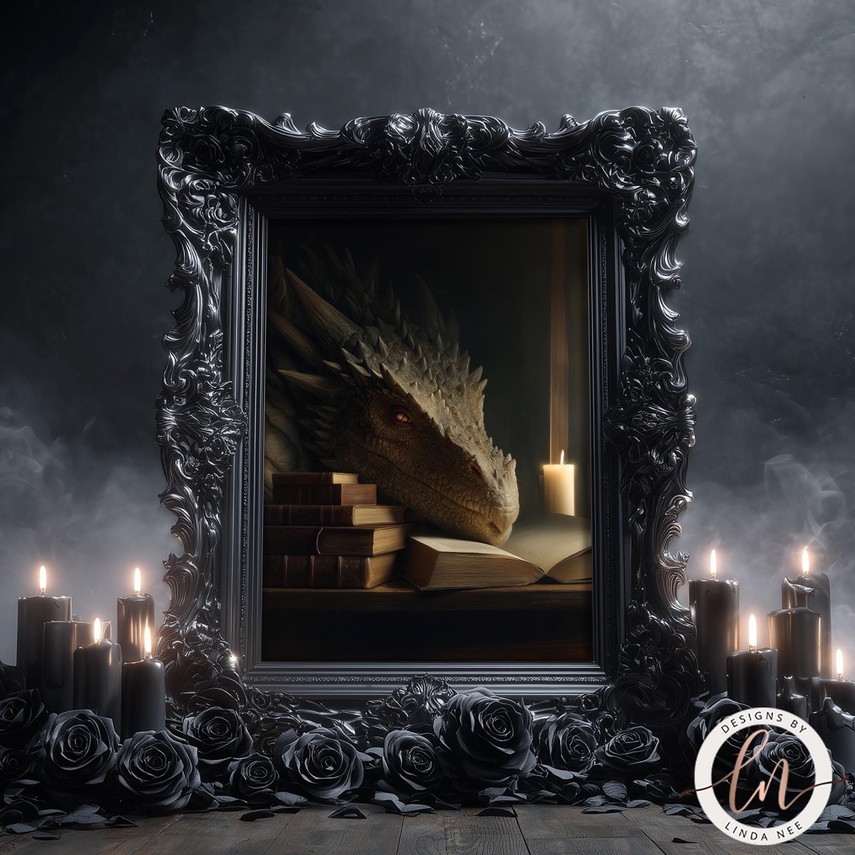 A dark, ornate frame with a dragon head inside, surrounded by candles and roses, creating a mysterious and eerie atmosphere.