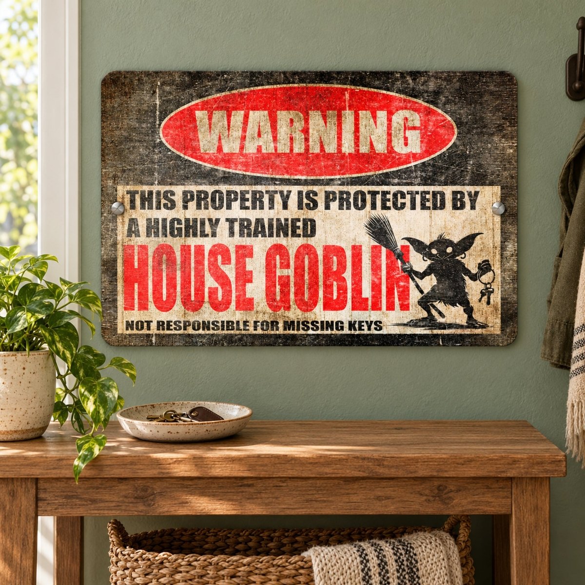 a wooden table with a bowl on it, and a sign above it that reads "WARNING: THIS PROPERTY IS PROTECTED BY A HIGHLY TRAINED HOUSE GOBLIN NOT RESPONSIBLE FOR MISSING KEYS".