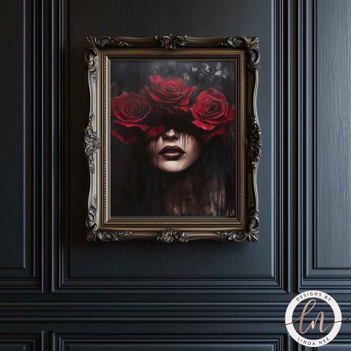 a dark, moody portrait of a woman with red roses adorning her face, set against a dark background. The roses appear to be dripping or dripping with blood, adding a sense of intensity and drama to the scene. The portrait is framed in an ornate, gilded frame, which enhances the overall aesthetic and artistic quality of the image.