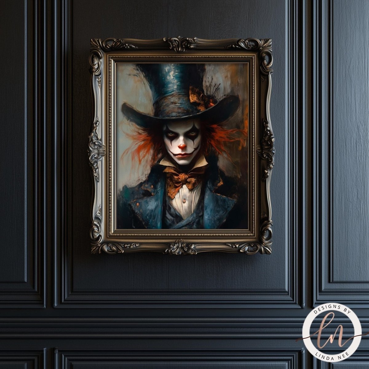 a painting of a clown with a top hat and a red flower in his hair, displayed in an ornate frame on a dark wall.