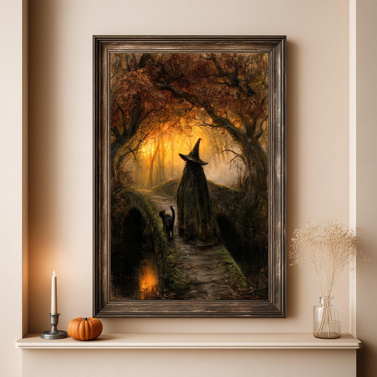 Full artwork view of the witch and black cat walking a forest path under autumn foliage