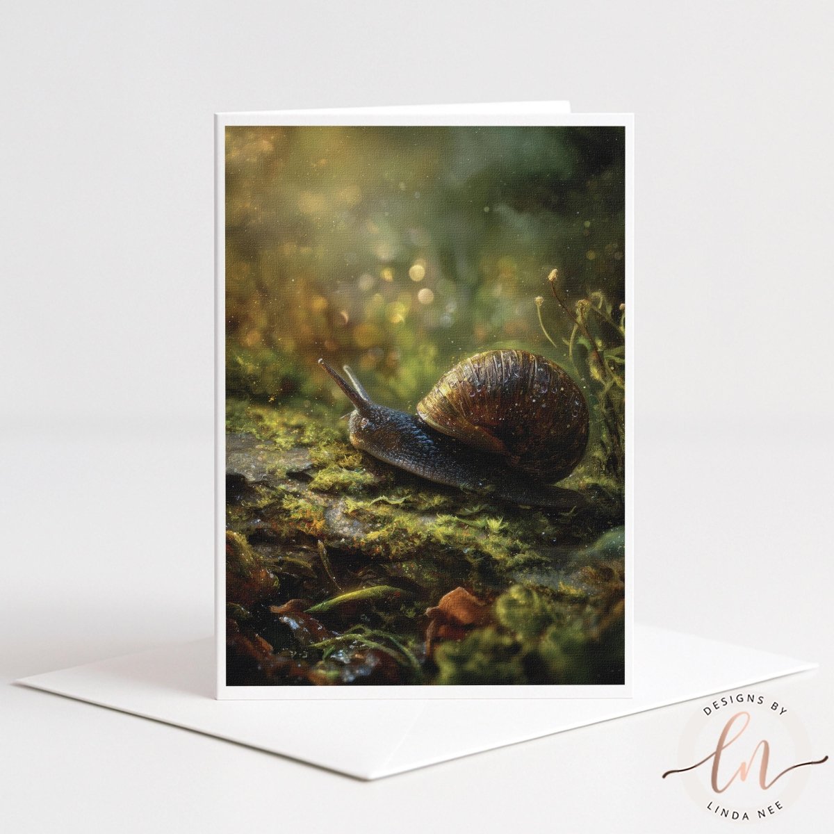 A close-up image of a snail on a mossy surface, with a blurred background of greenery and light.