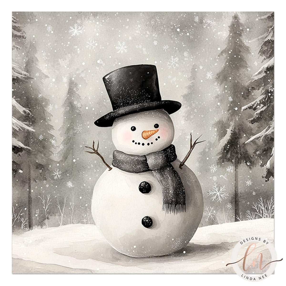 A square art print featuring a watercolor-style snowman wearing a black top hat and dark gray scarf, standing in a snowy winter forest with snow-covered pine trees and falling snowflakes. The print has a white border and a small 'Designs by Linda Nee' watermark in the lower right corner.