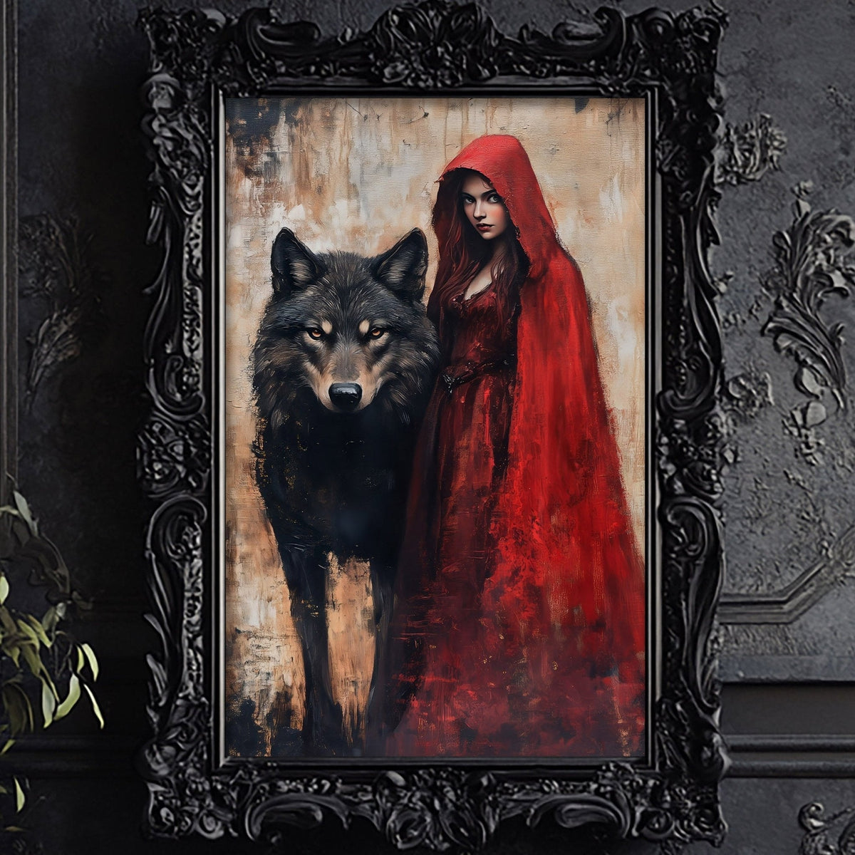 A woman in a red cape stands next to a wolf in a dark, moody setting.