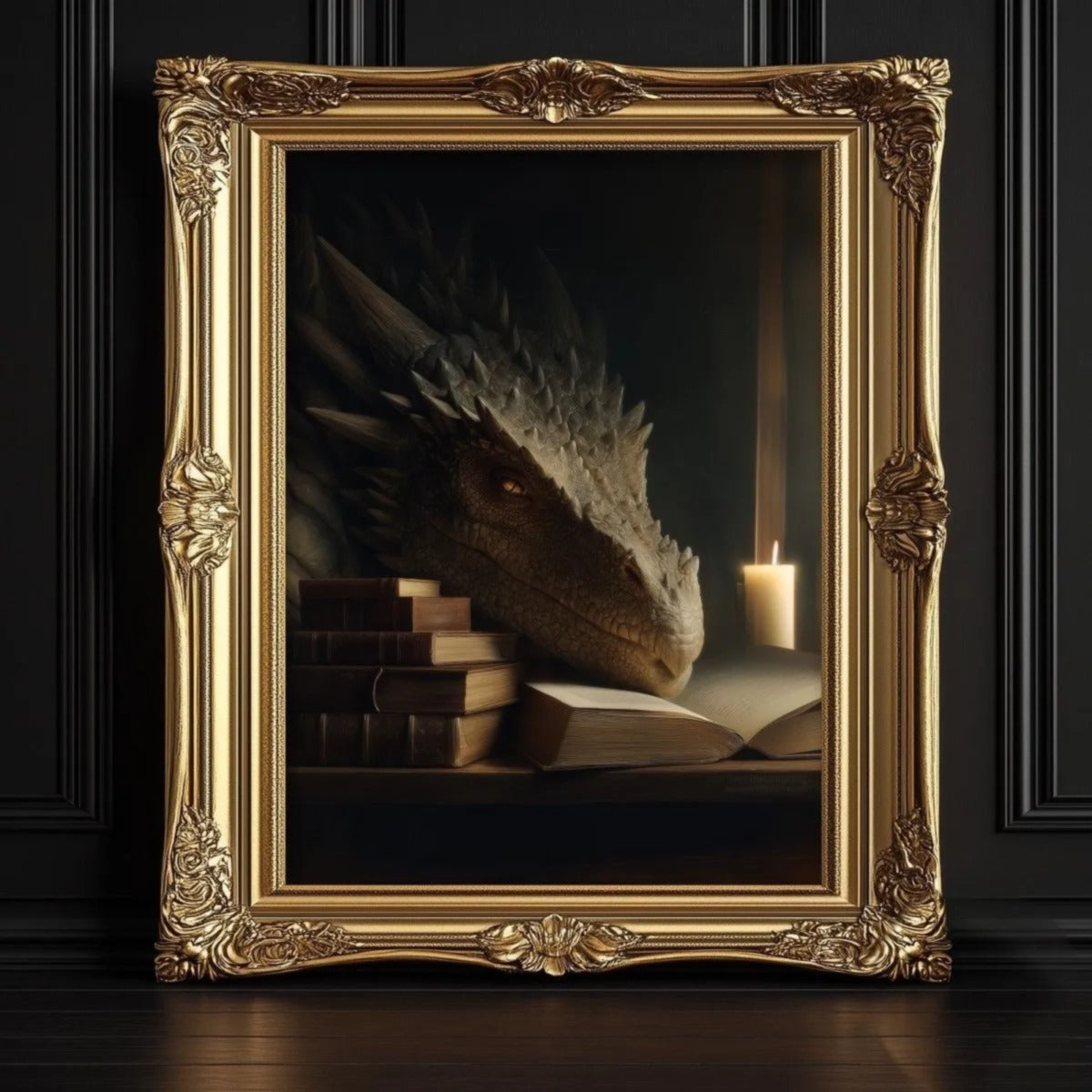 A large, ornate gold frame displays a painting of a dragon's head resting on a stack of books, with a lit candle in the background.