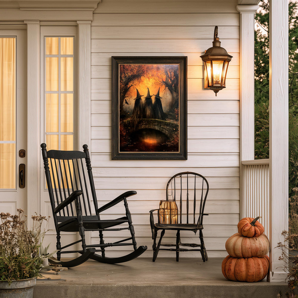 Covered porch with a rocking chair, stacked pumpkins, a lantern, and the print