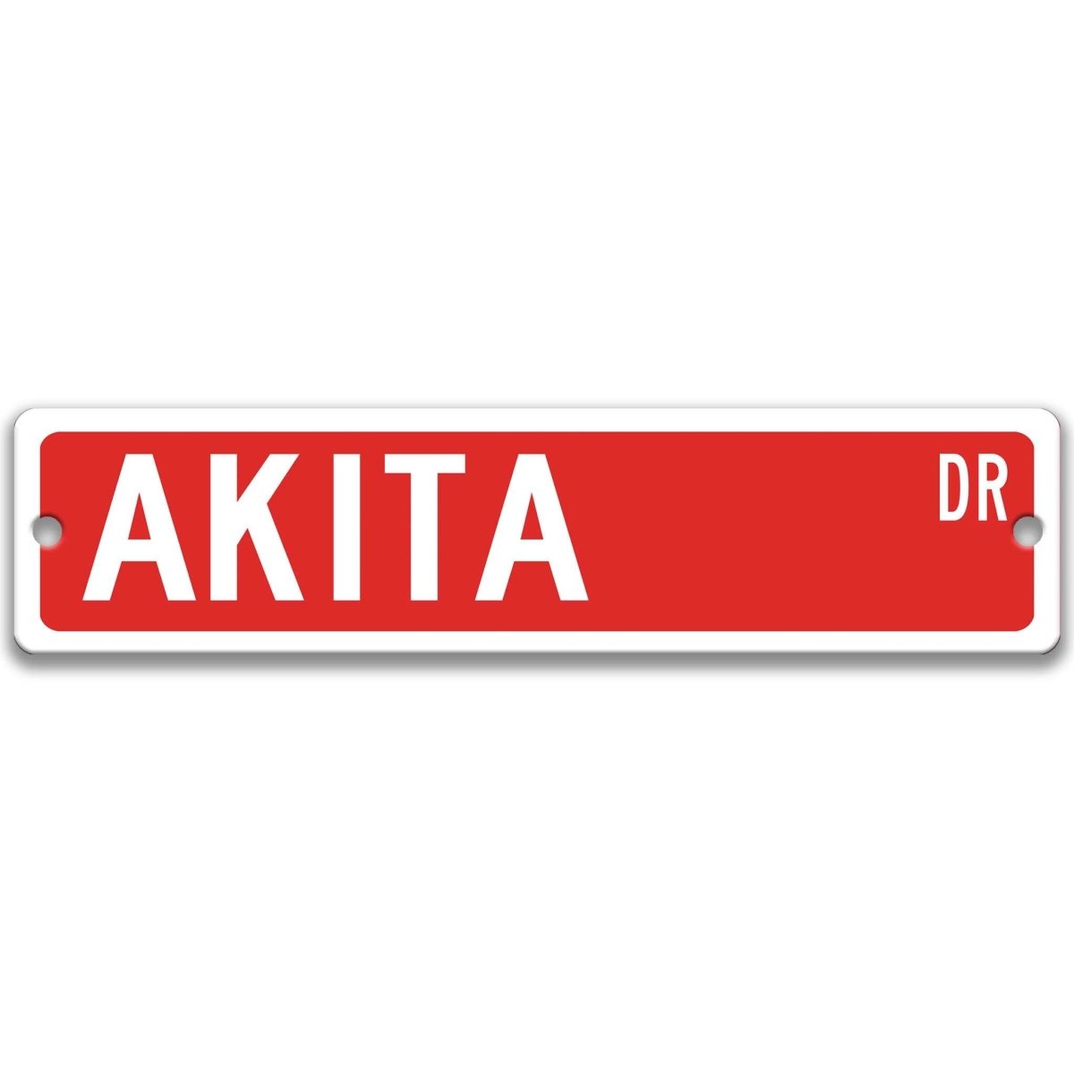 Red Akita DR aluminum street sign with white lettering