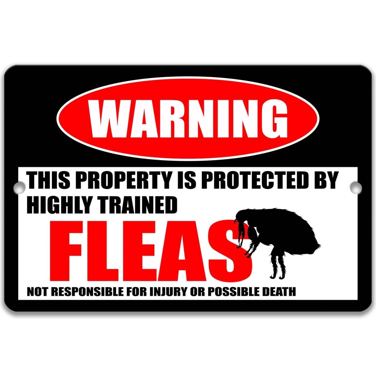 Fleas warning metal sign, glossy black, red WARNING oval and flea-with-umbrella silhouette