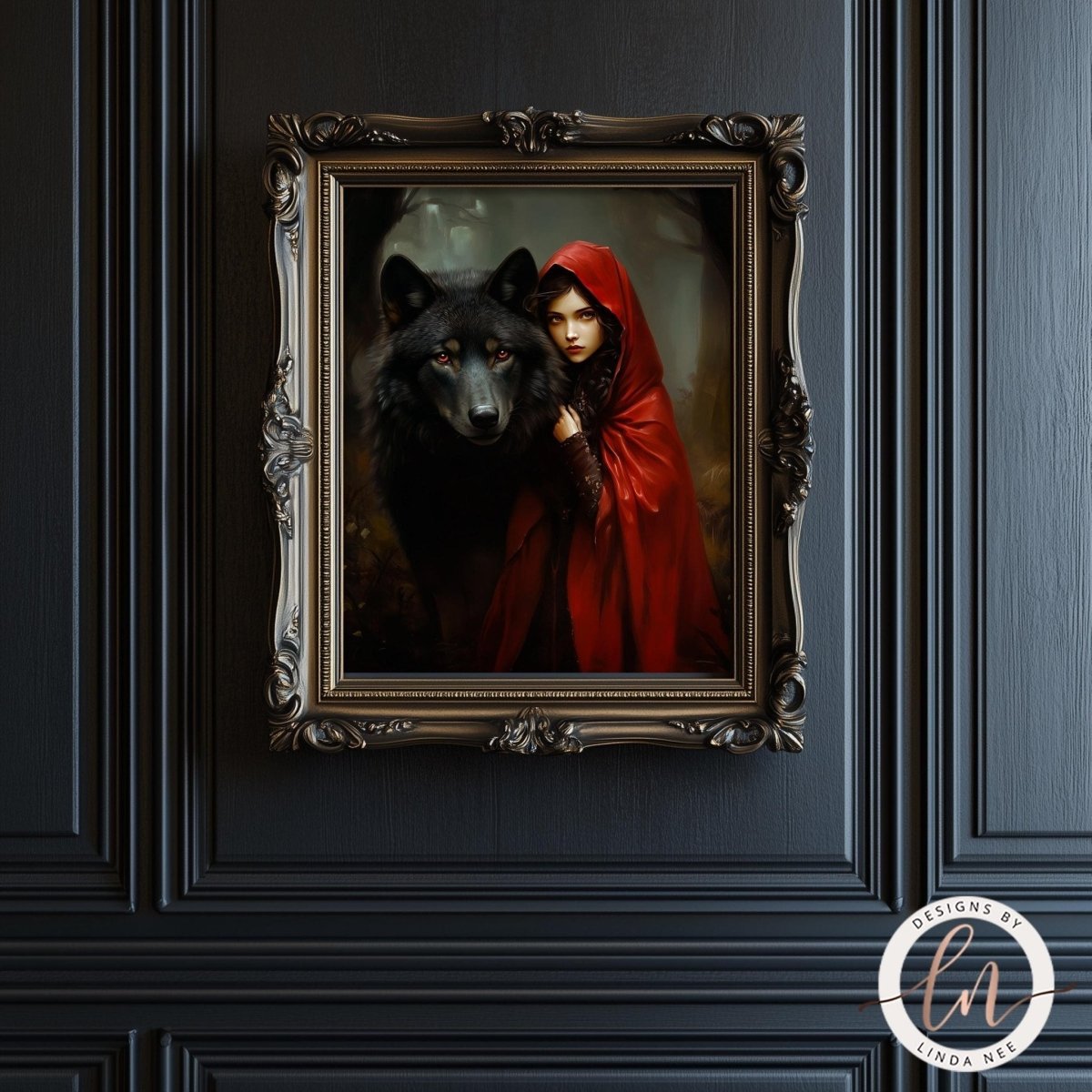 Girl in red hood and black wolf close portrait in a forest setting