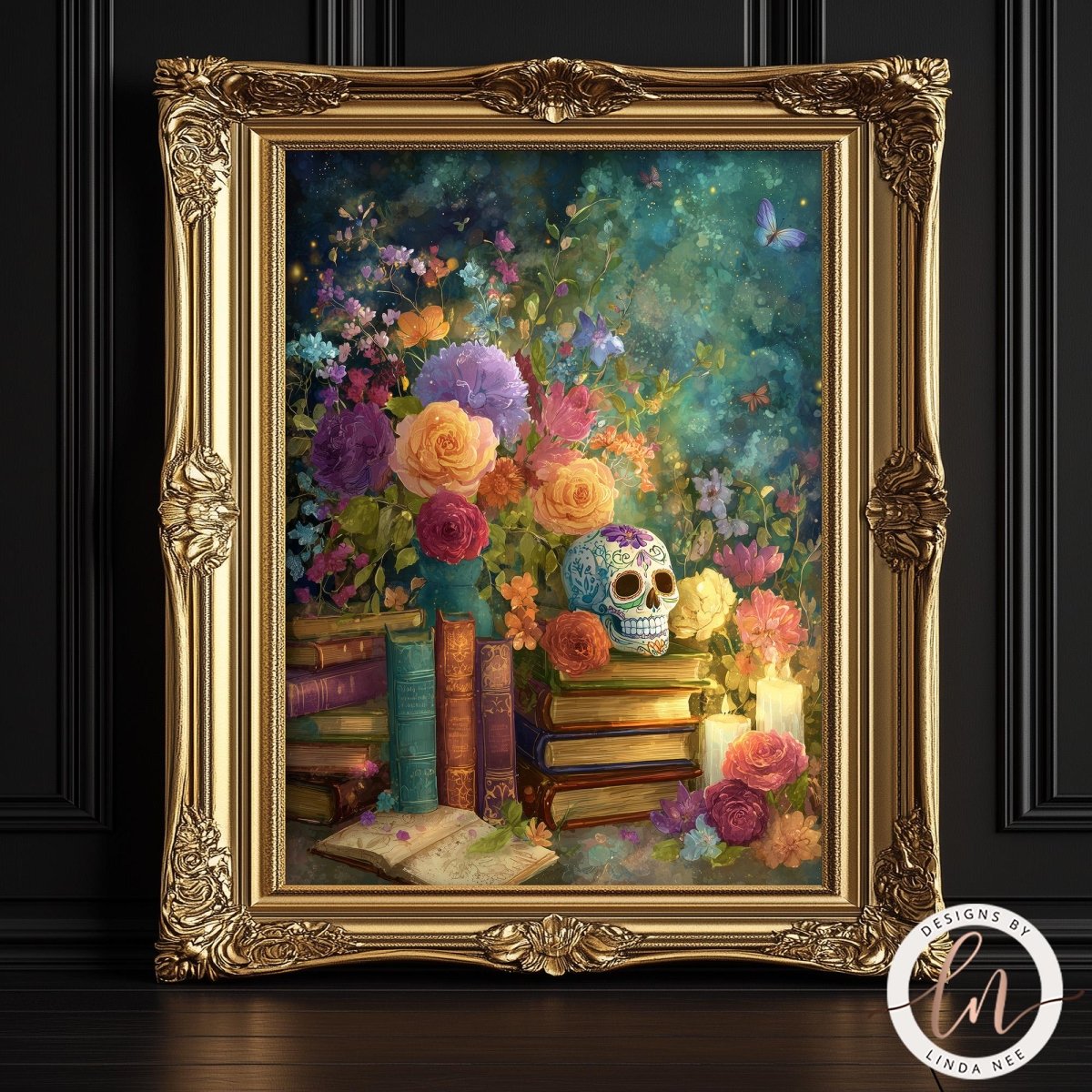 The image is a framed painting depicting a skull surrounded by a vibrant array of flowers, books, and candles, creating a whimsical and mystical atmosphere.