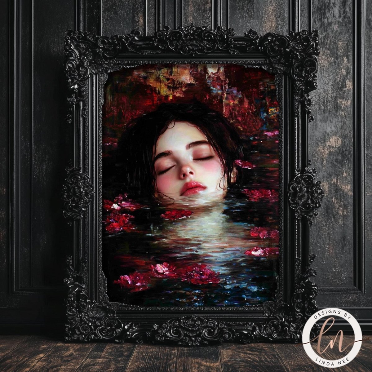 Ophelia inspired art print with closed eyes and floating flowers