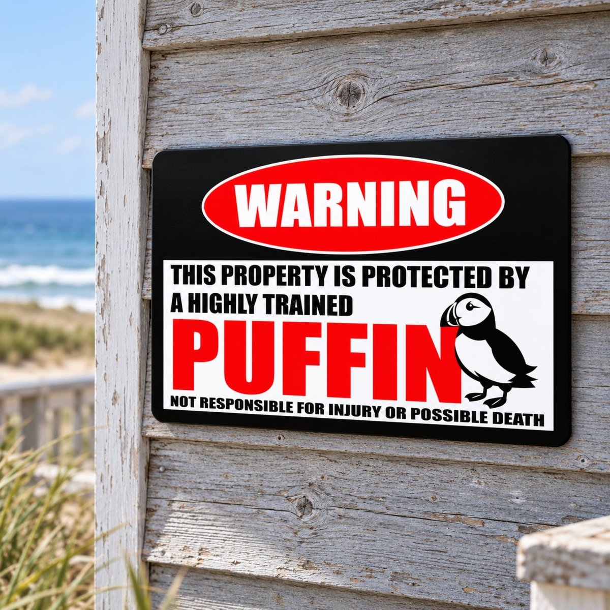 Highly trained puffin warning sign on aluminum with a disclaimer declining responsibility for injury or possible death