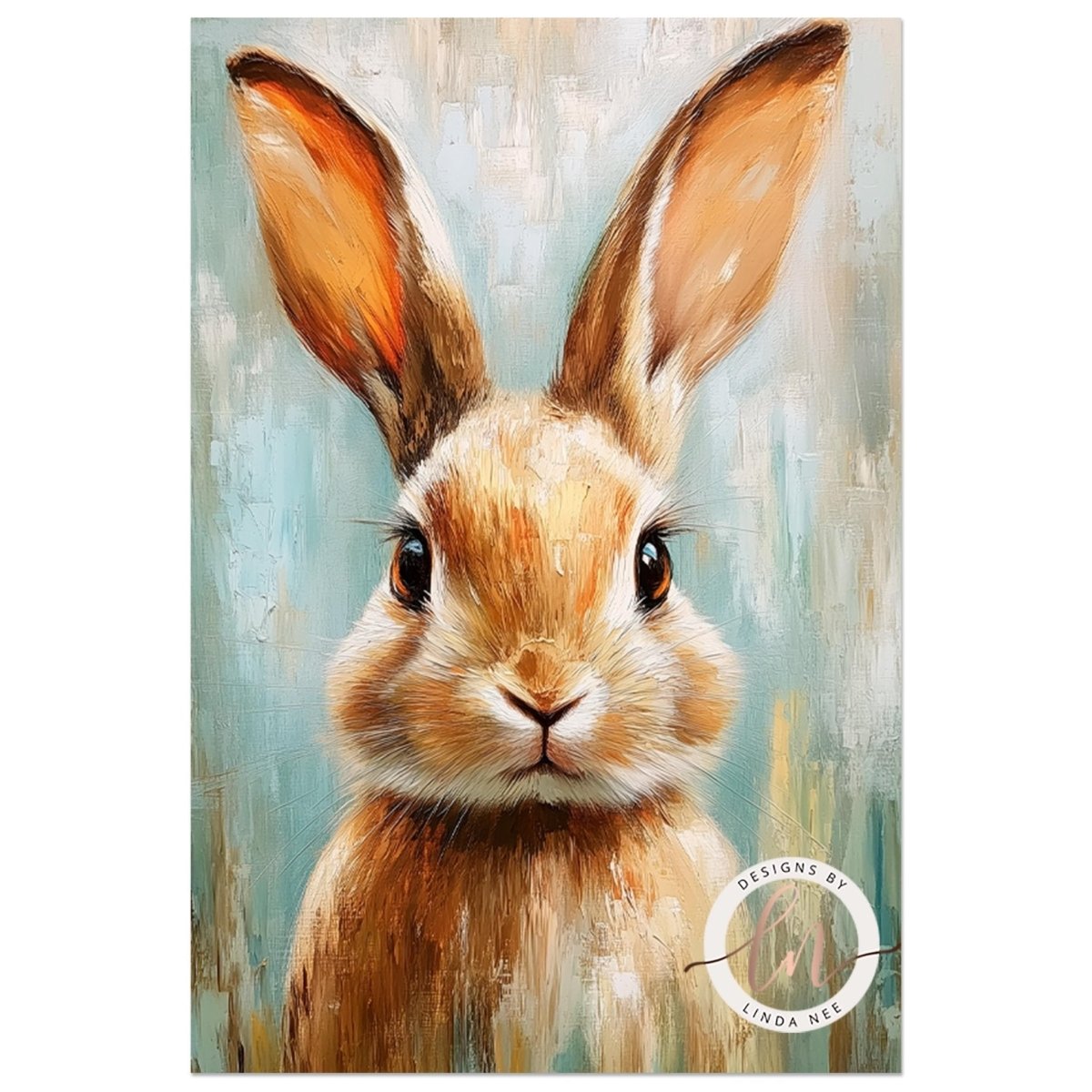 The image is a painting of a rabbit with large ears and a small nose, set against a light blue background.