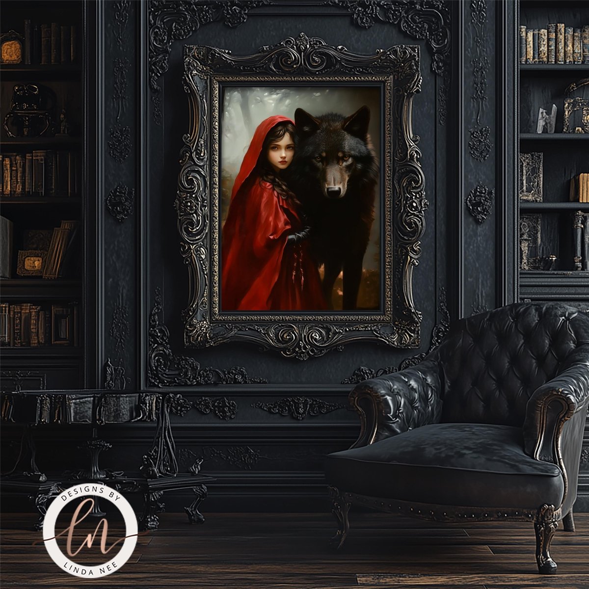 A framed painting of a woman in a red cape and a wolf is displayed on a dark wall in a room with a black leather chair and a bookshelf.