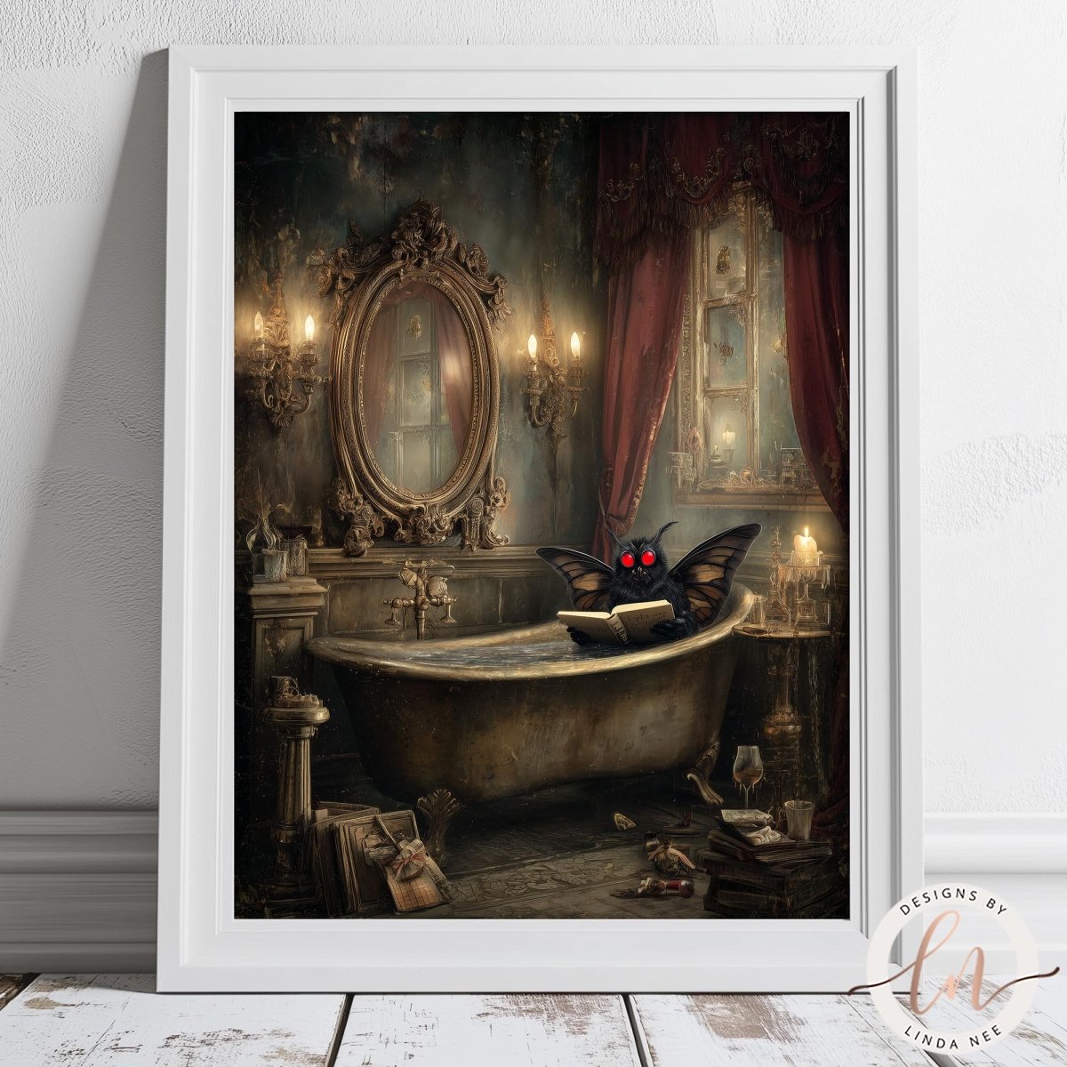 A bat sitting in a bathtub in a dimly lit, ornate bathroom with a mirror, chandeliers, and red curtains.
