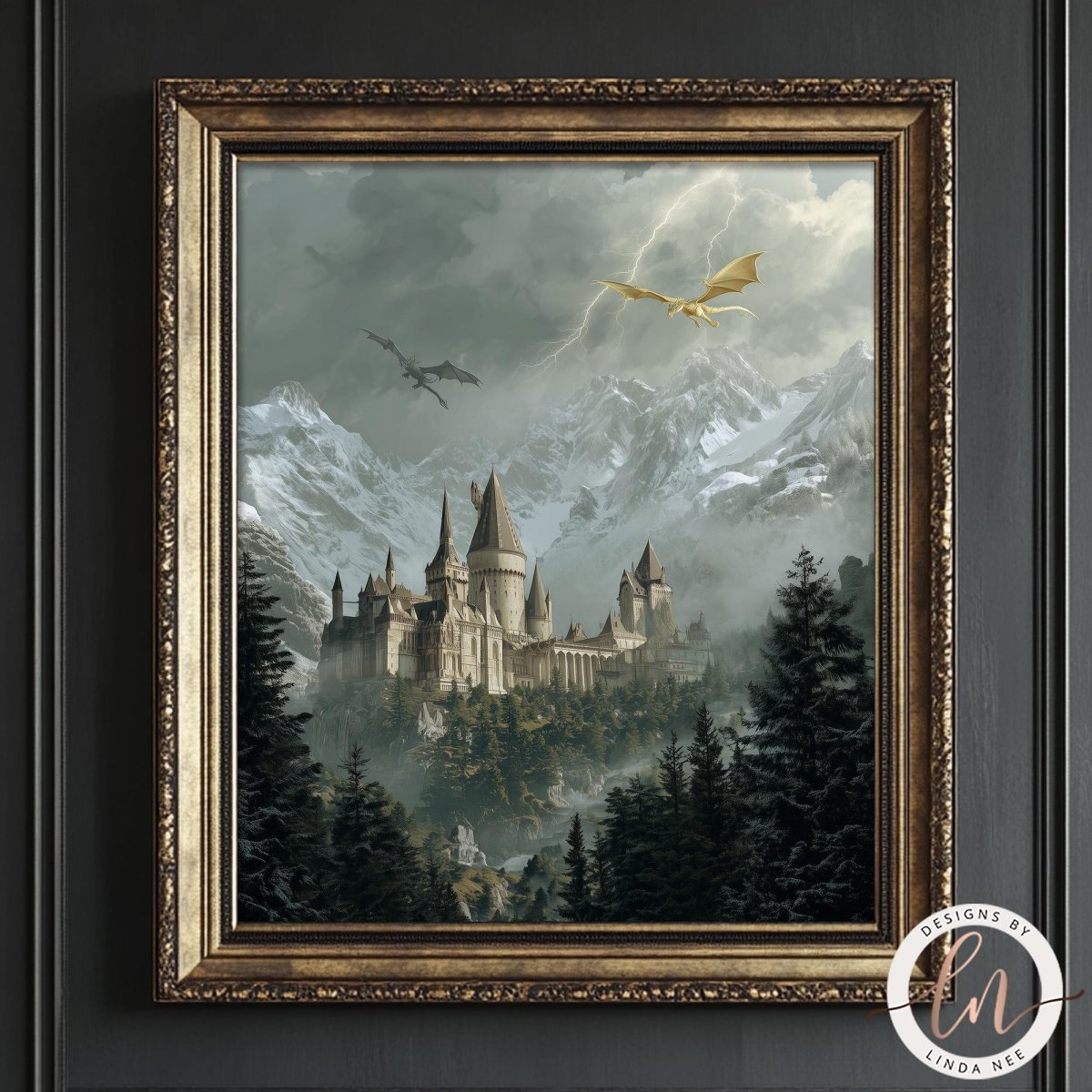 A framed painting depicting a castle surrounded by a misty forest, with a dragon flying overhead and mountains in the background.