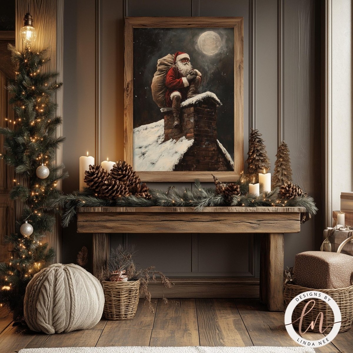 Santa with gift sack artwork styled with pine cones, candles and a Christmas tree