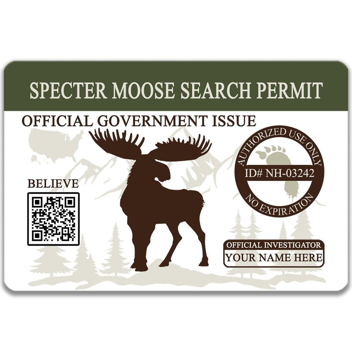 The image is a search permit for a SPECTER MOOSE, featuring a silhouette of a moose and various identification and registration details.