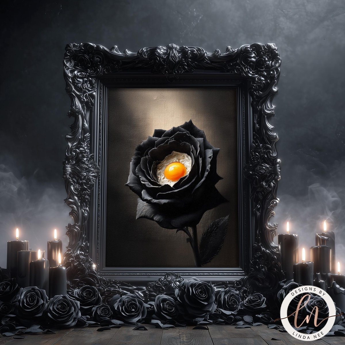 a black rose with an egg in the center, surrounded by candles and a dark, moody background.
