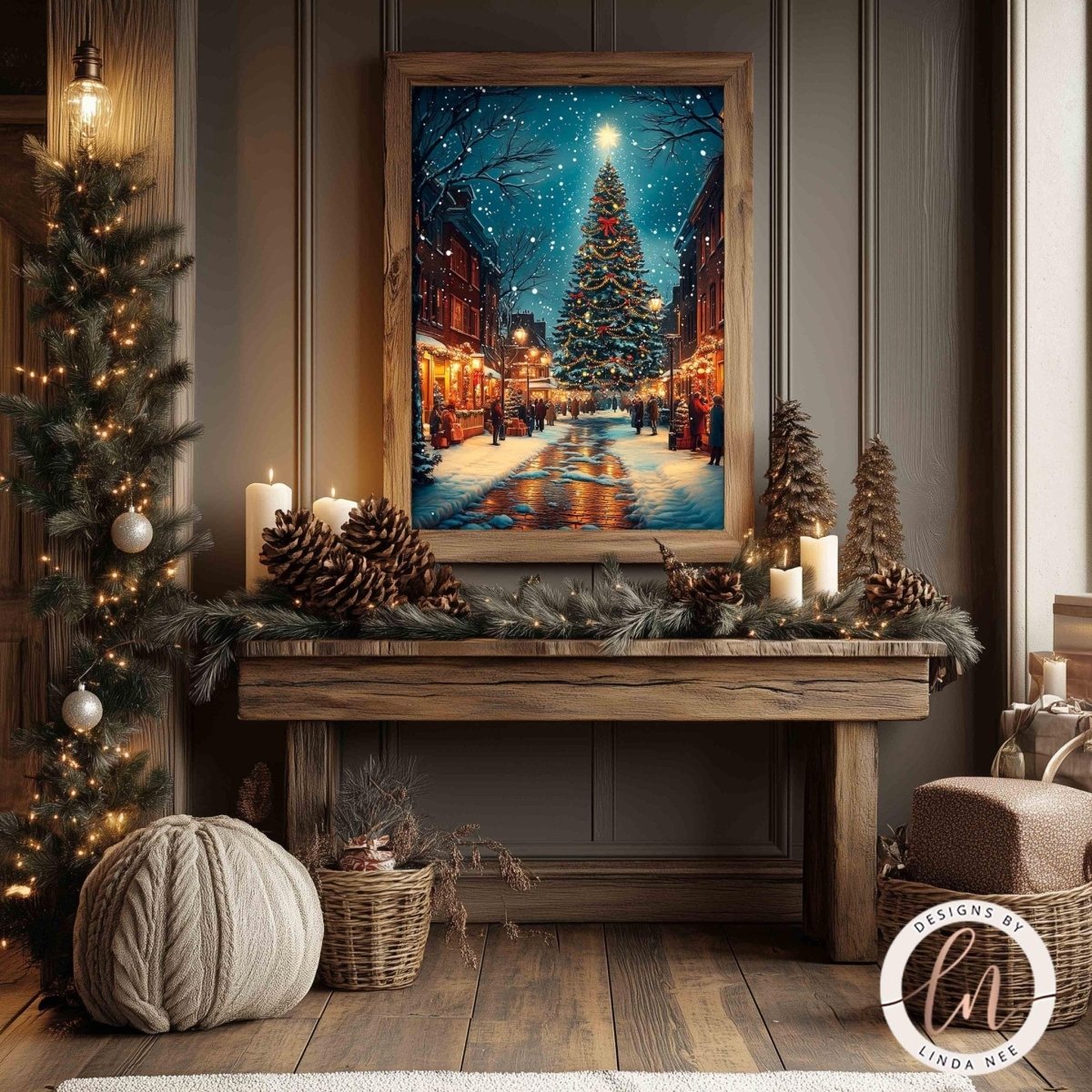 Christmas city artwork displayed with pine cones and garland decor