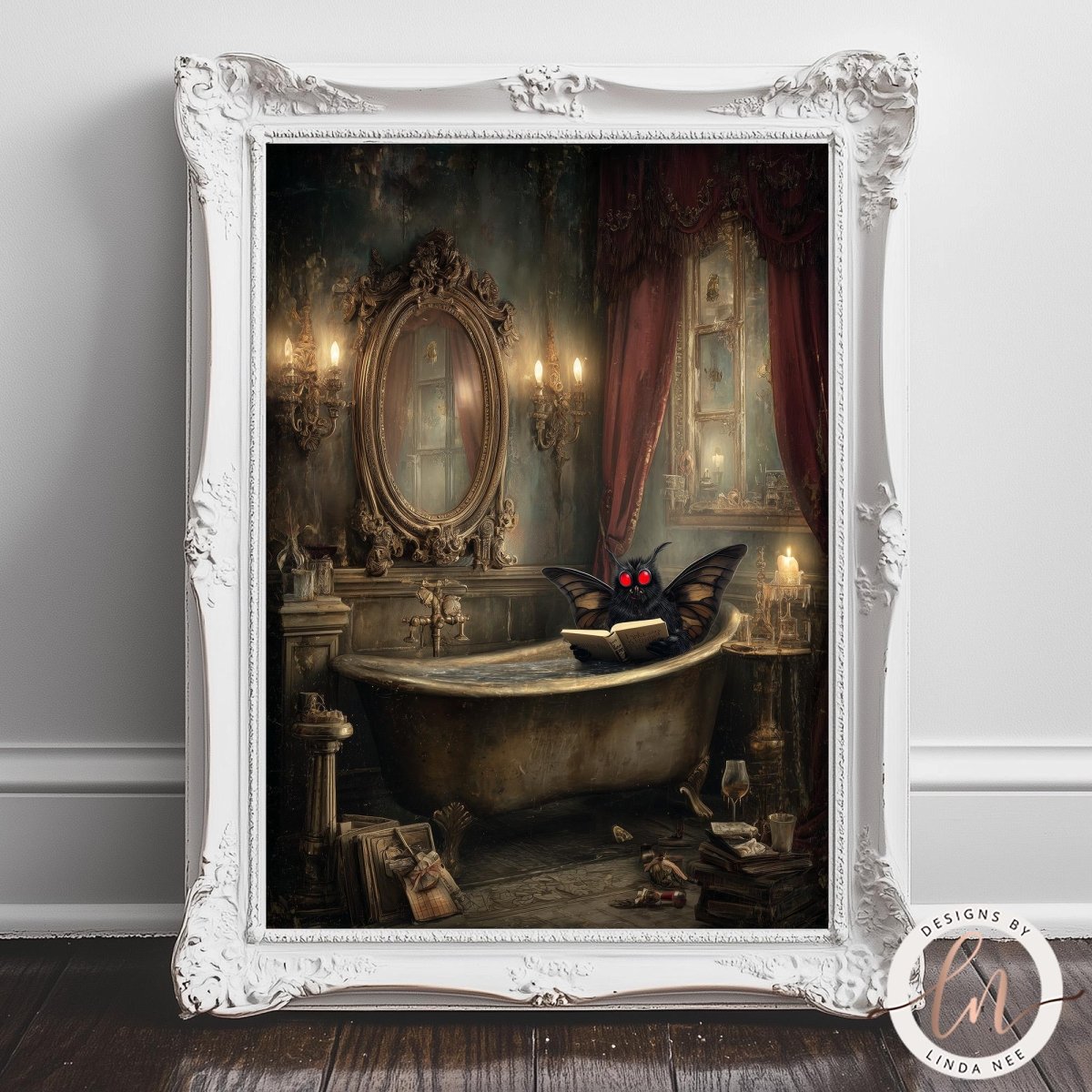 A bat sitting in a bathtub in a Victorian-style bathroom, with ornate decorations and a mirror in the background.