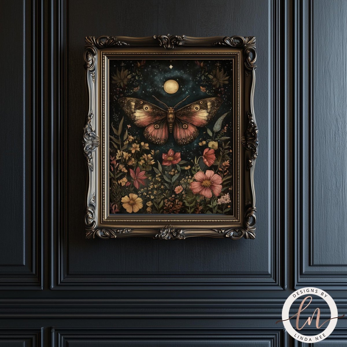 An ornate dark brown framed art print featuring a fantasy illustration of a butterfly surrounded by flowers under a full moon, displayed on a dark paneled wall.