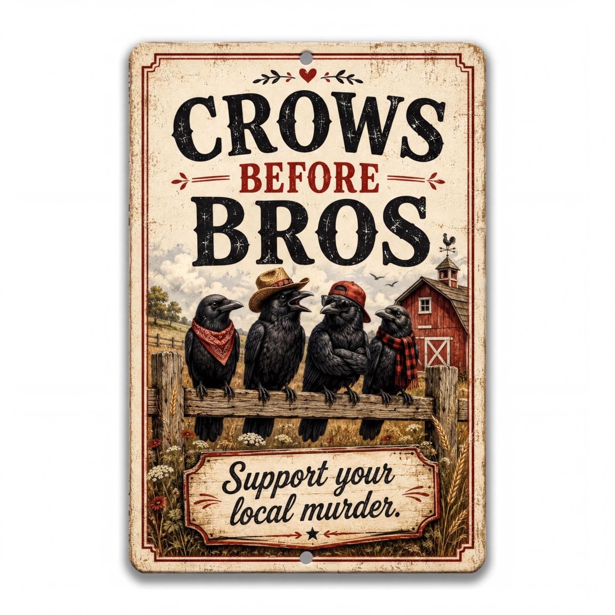 a sign with the text "CROWS BEFORE BROS" and a graphic of four black crows sitting on a wooden fence.