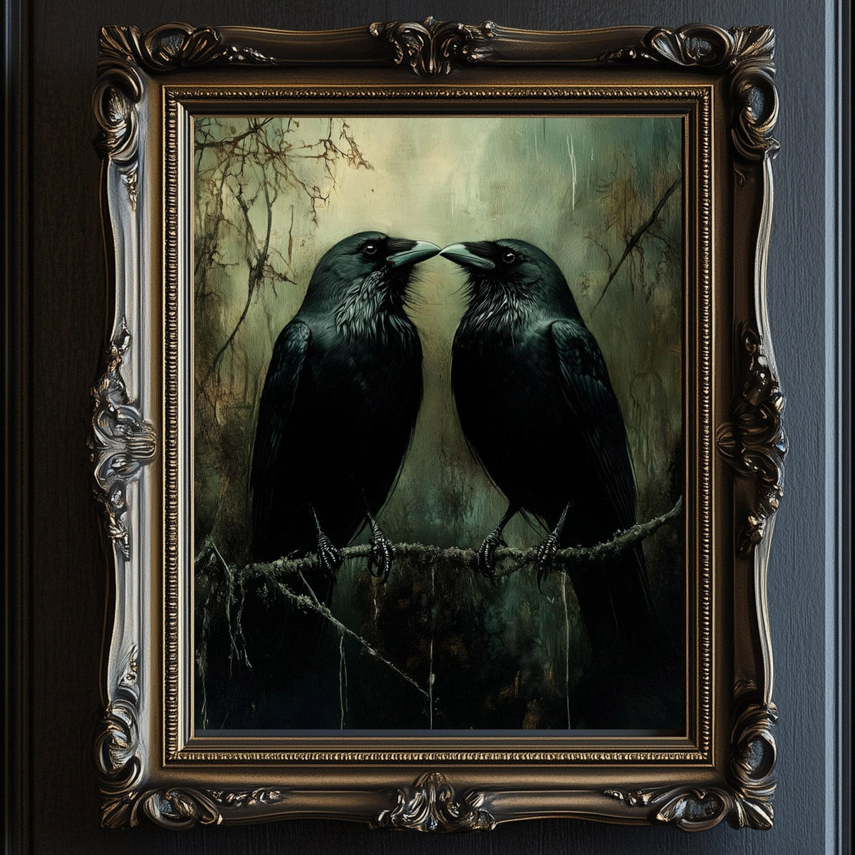 two black birds perched on a branch, with their beaks touching each other.